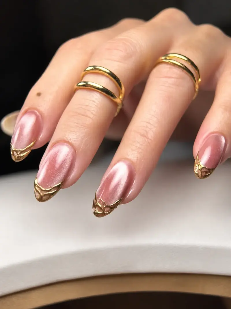 Uñas en tono rosado con puntas doradas